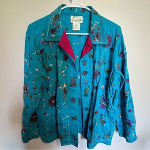 Vintage floral and butterfly beaded blue and pink button up Shacket size Medium.
